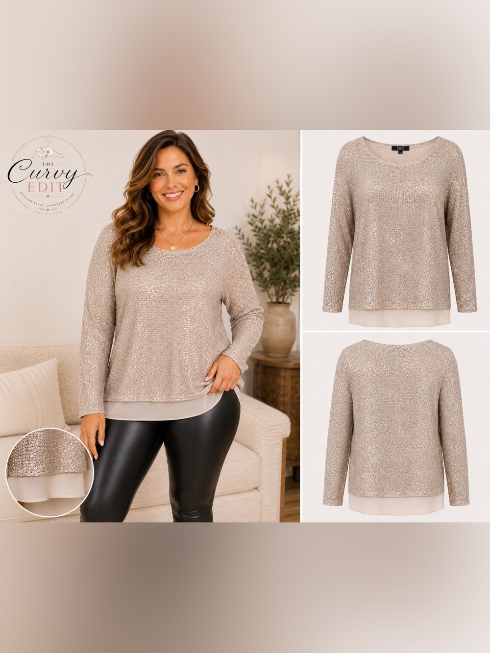 Alex Marie Sequin Layered Hem Top | Size Large | Champagne Sparkle Blouse